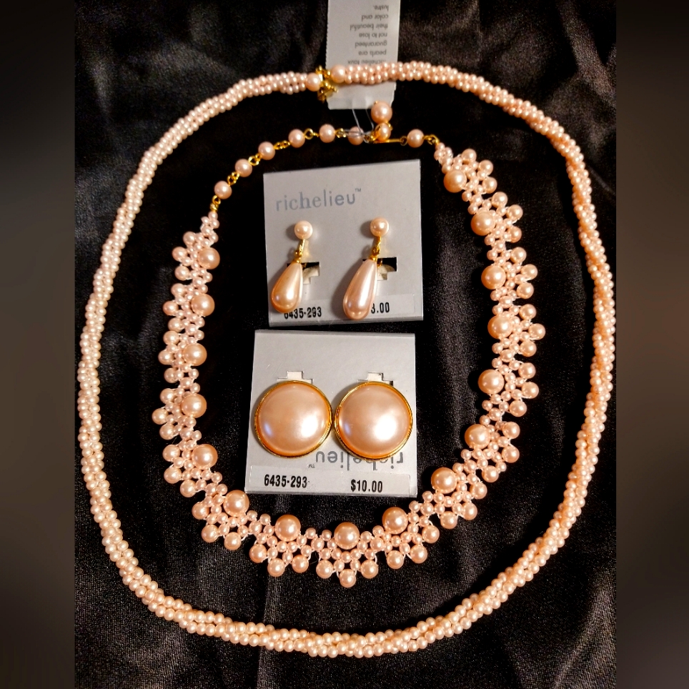 Retro Richelieu Pink Faux Pearl Necklace, Choker & Clip Earrings Set (Nwt)